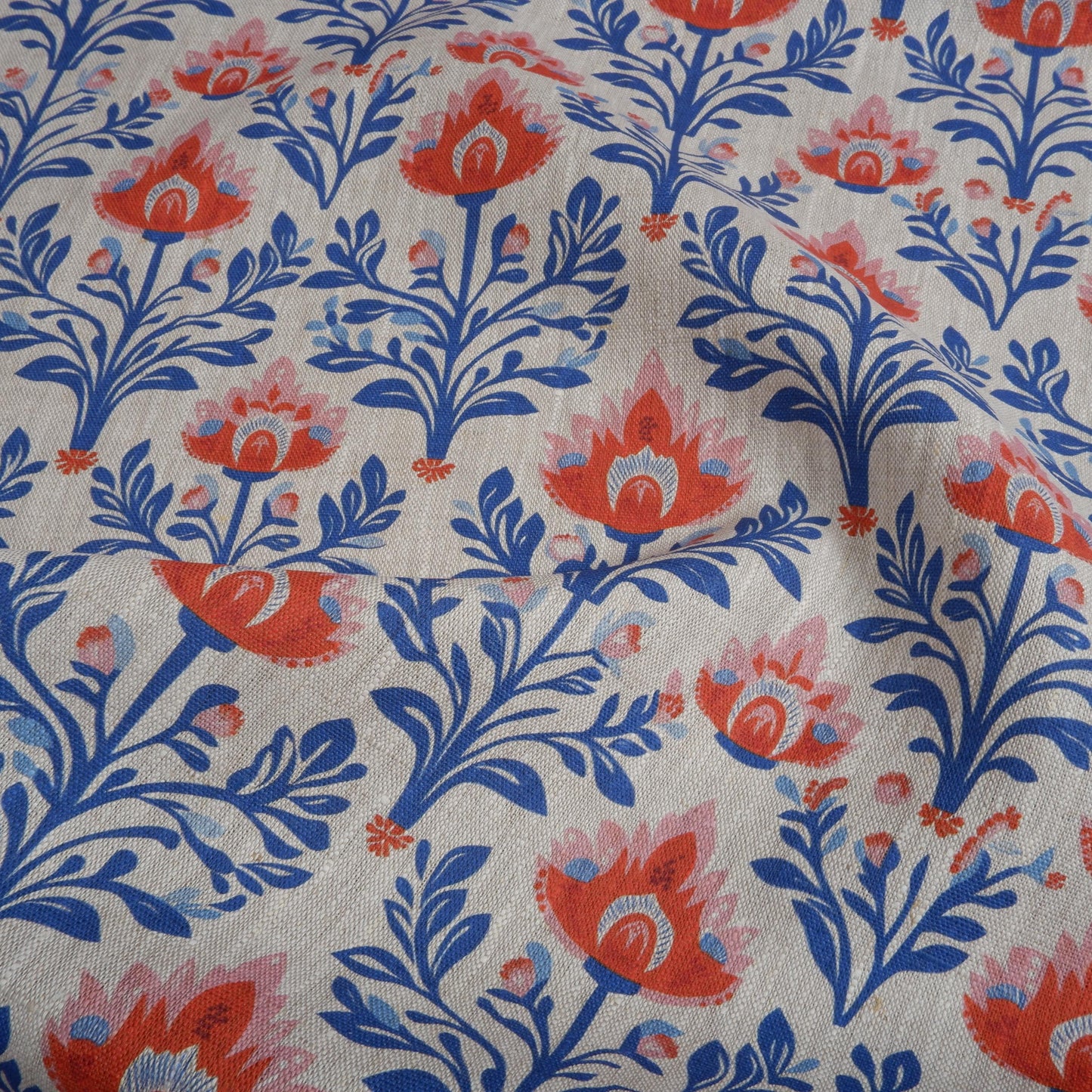 100% LINEN Fabric - block blue red floral Folklore print on oatmeal linen 2007