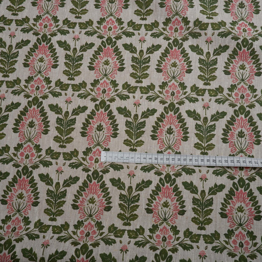 100% LINEN Fabric block print floral pink green on oatmeal 2008