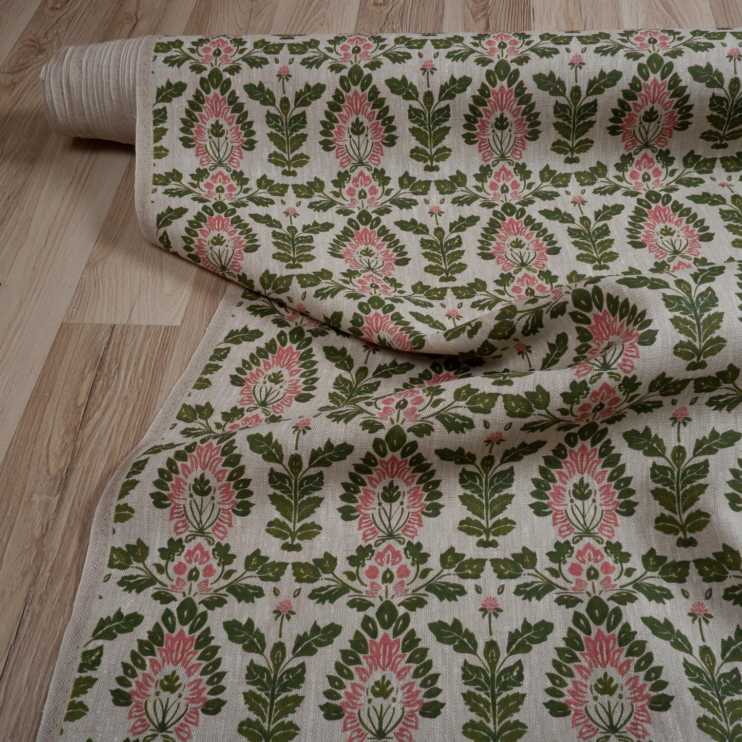 100% LINEN Fabric block print floral pink green on oatmeal 2008