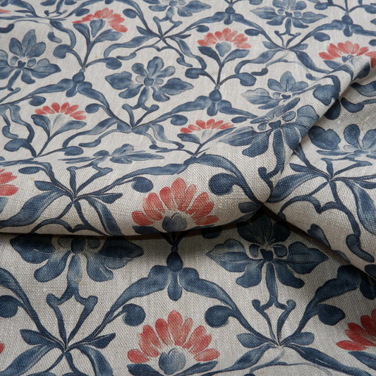 100% LINEN Fabric Portuguese Watercolor floral pattern - blue grey red 2042
