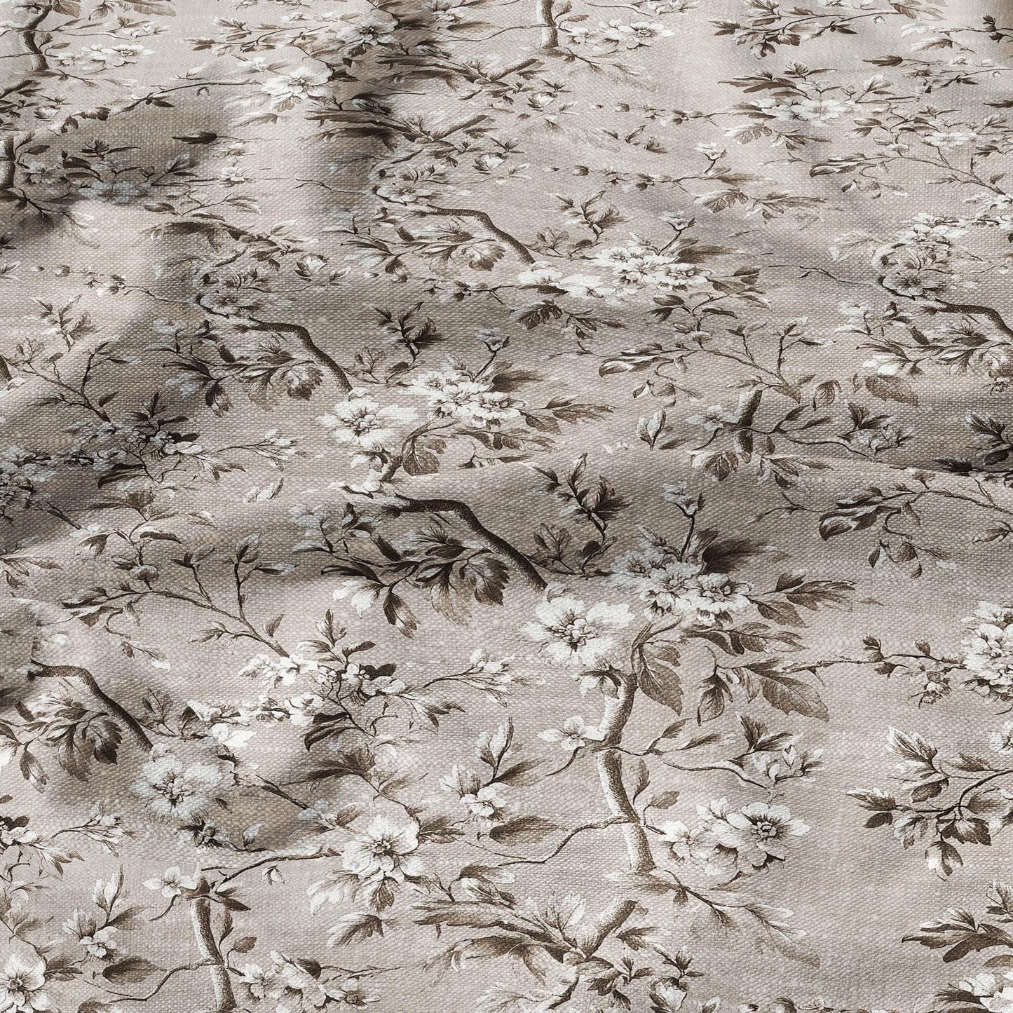 100% LINEN Fabric Toile de Jouy in beige brown floral print - 2067