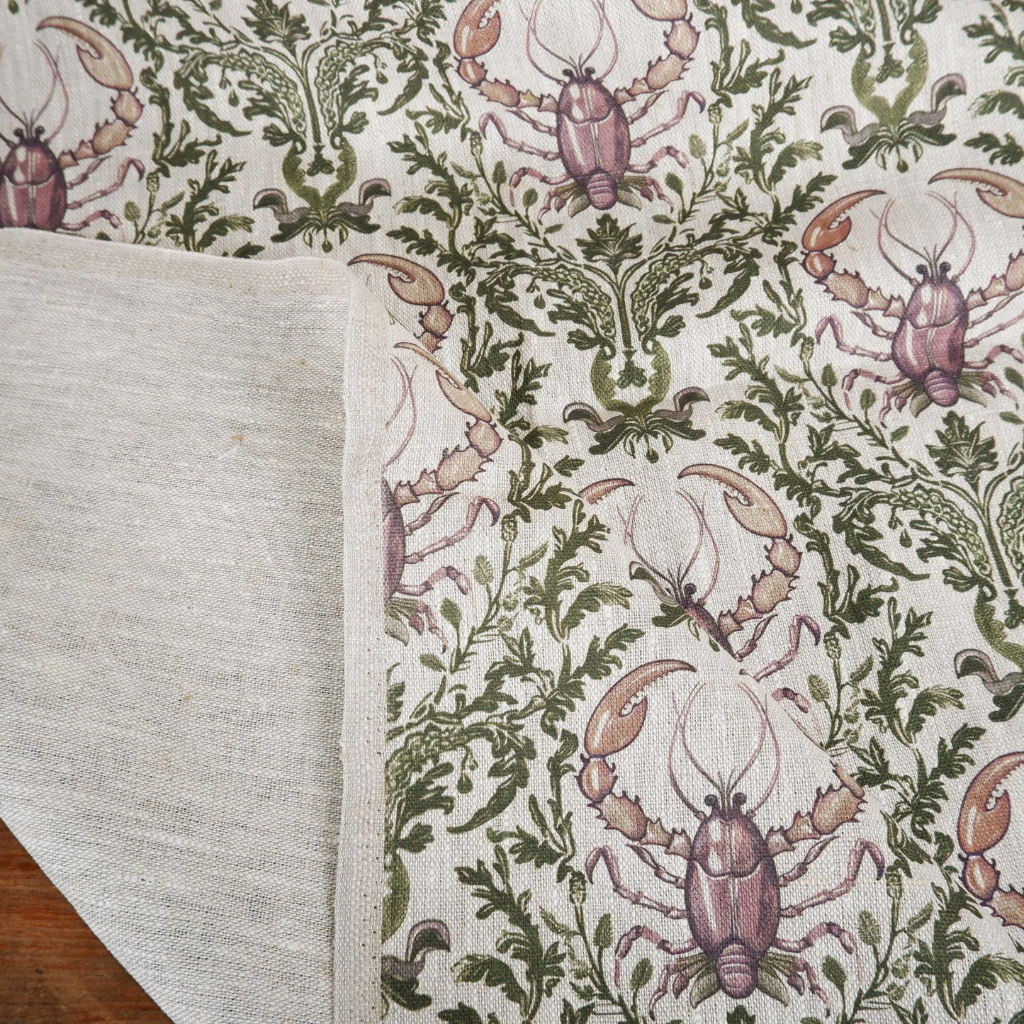 100% LINEN Fabric Lobster - oatmeal with green purple grey coastal print 2048