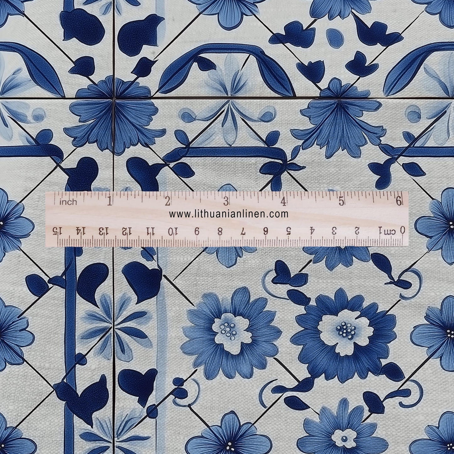 100% LINEN Fabric block print indigo blue white Portugal tile - 2320