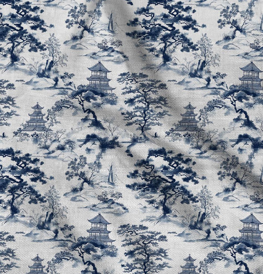 100% LINEN Fabric block print Kyoto Japan landscape - white blue 2327