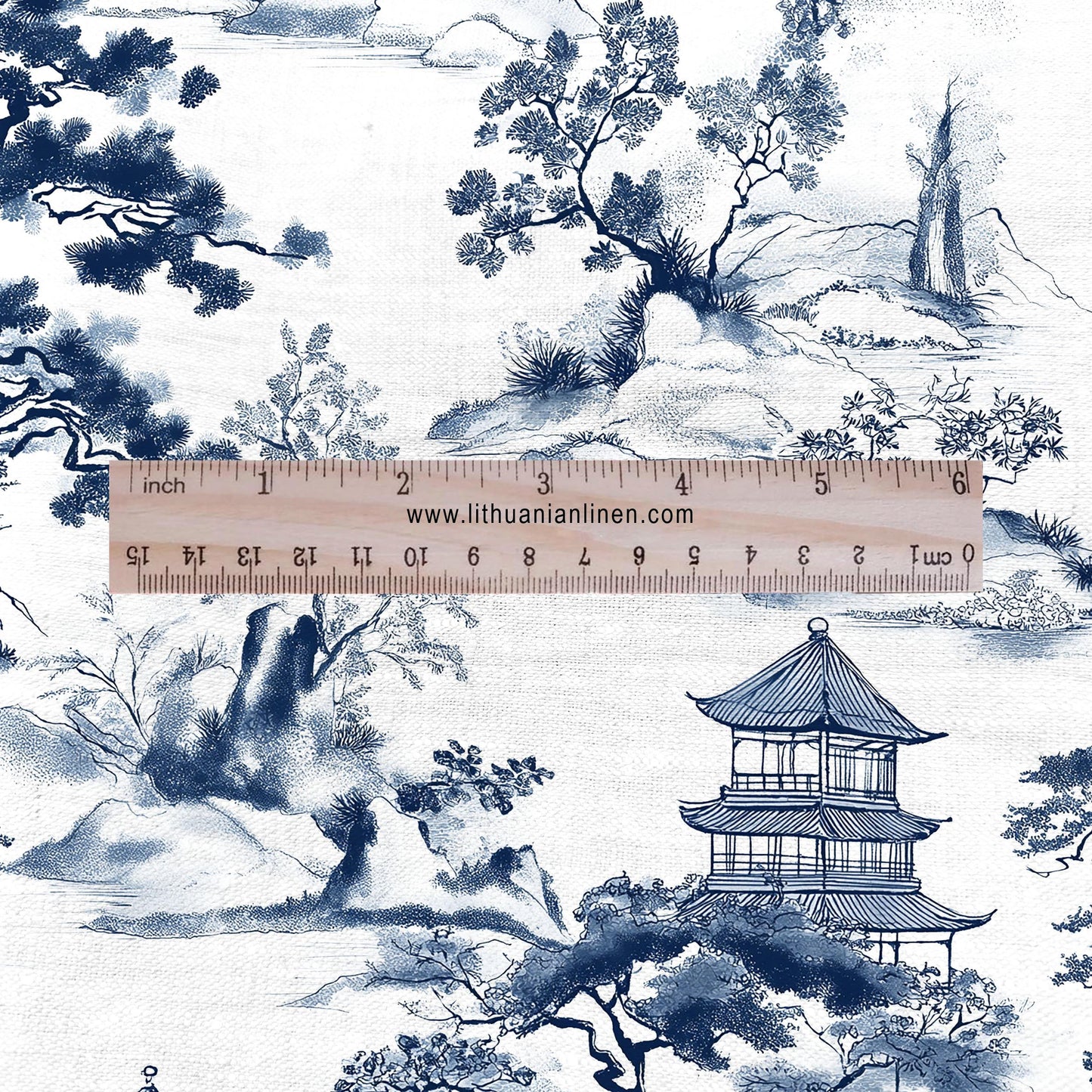 100% LINEN Fabric block print Kyoto Japan landscape - white blue 2327