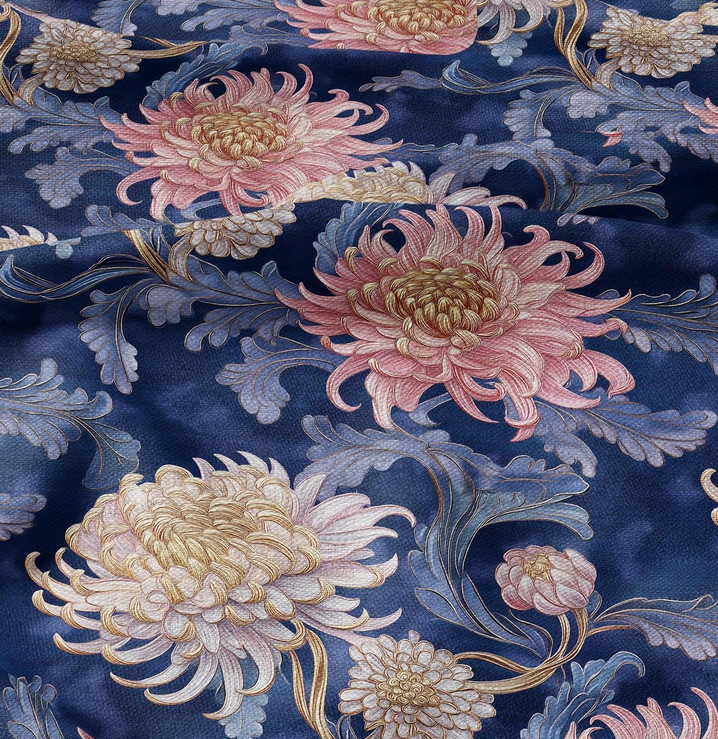 100% LINEN fabric chrysanthemum print - floral navy pink 2331