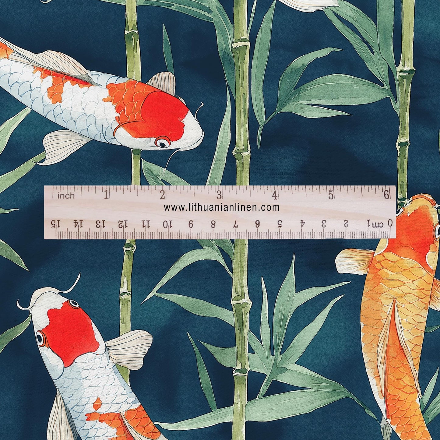 100% LINEN Fabric KOI fish print - navy red 2343