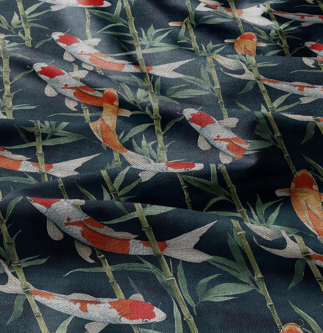 100% LINEN Fabric KOI fish print - navy red 2343
