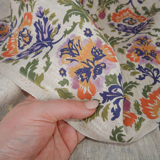 100% LINEN Fabric colorfull block stamp print - purple orange green floral 2034