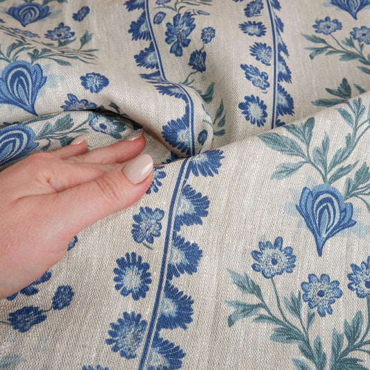 100% LINEN Fabric floral stripe print - blue green 2153