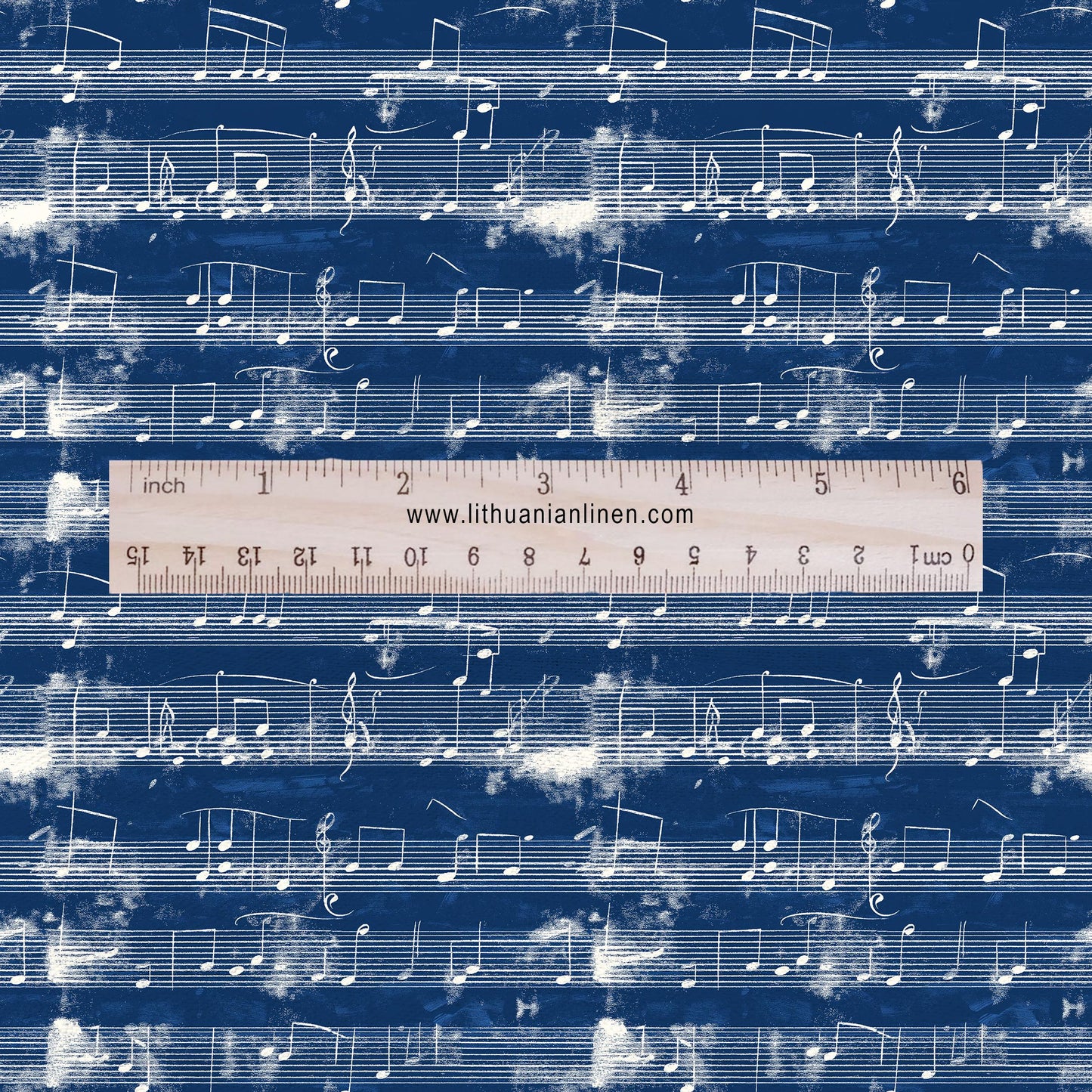 100% LINEN Fabric Music notes indigo blue print 2340