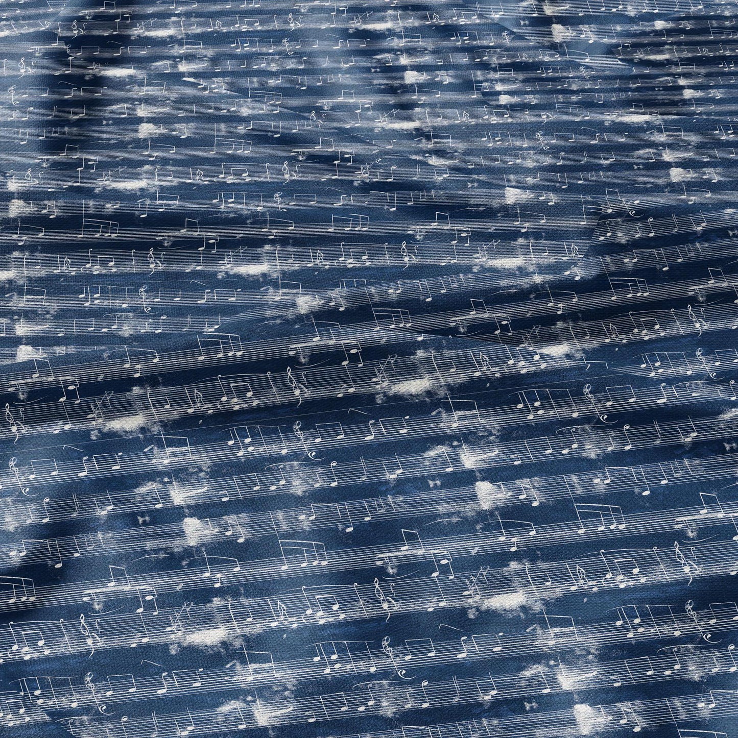 100% LINEN Fabric Music notes indigo blue print 2340