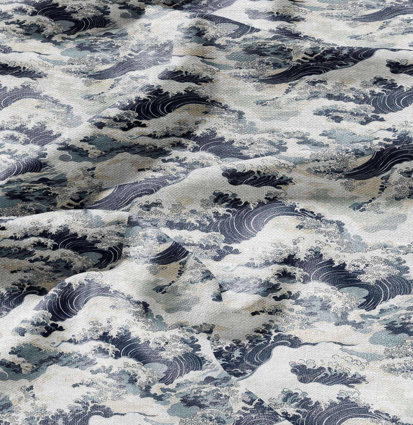 100% LINEN Fabric Japanese Kanagawa wave Print - blue 2339