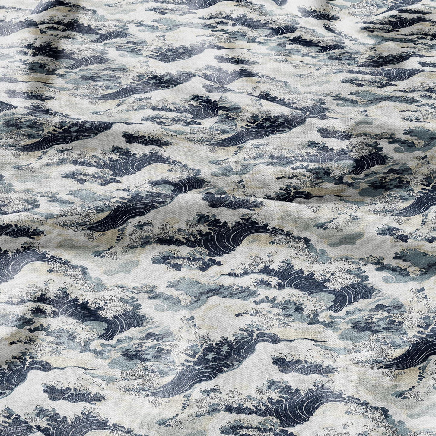 100% LINEN Fabric Japanese Kanagawa wave Print - blue 2339