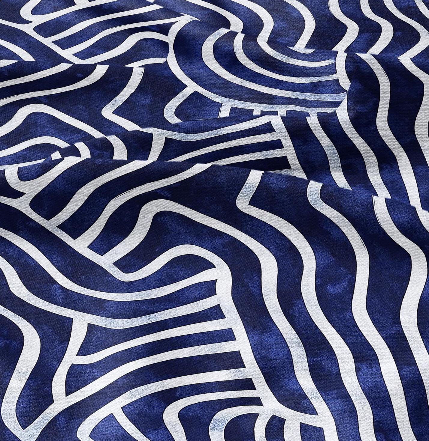 100% LINEN Fabric blue squirl print - abstract contemporary 2097