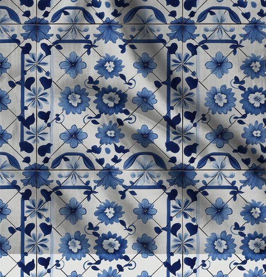100% LINEN Fabric block print indigo blue white Portugal tile - 2320