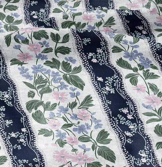 100% LINEN Fabric floral navy blue stripe print - 2202