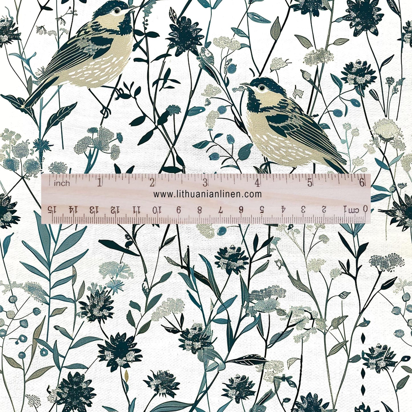 100% LINEN Fabric floral with birds in meadow print 2334