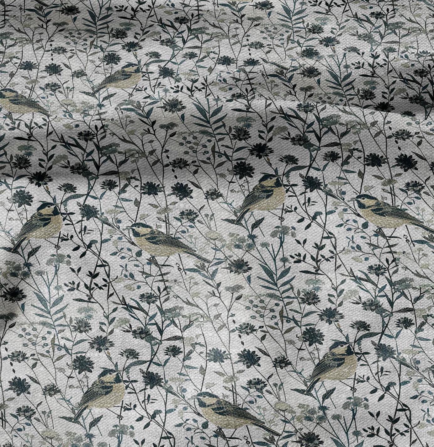 100% LINEN Fabric floral with birds in meadow print 2334