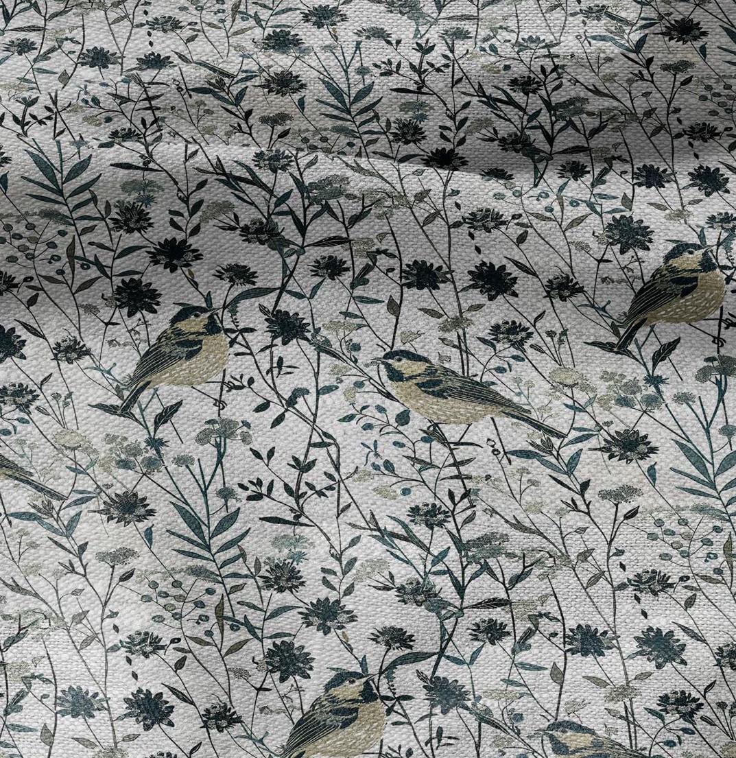 100% LINEN Fabric floral with birds in meadow print 2334