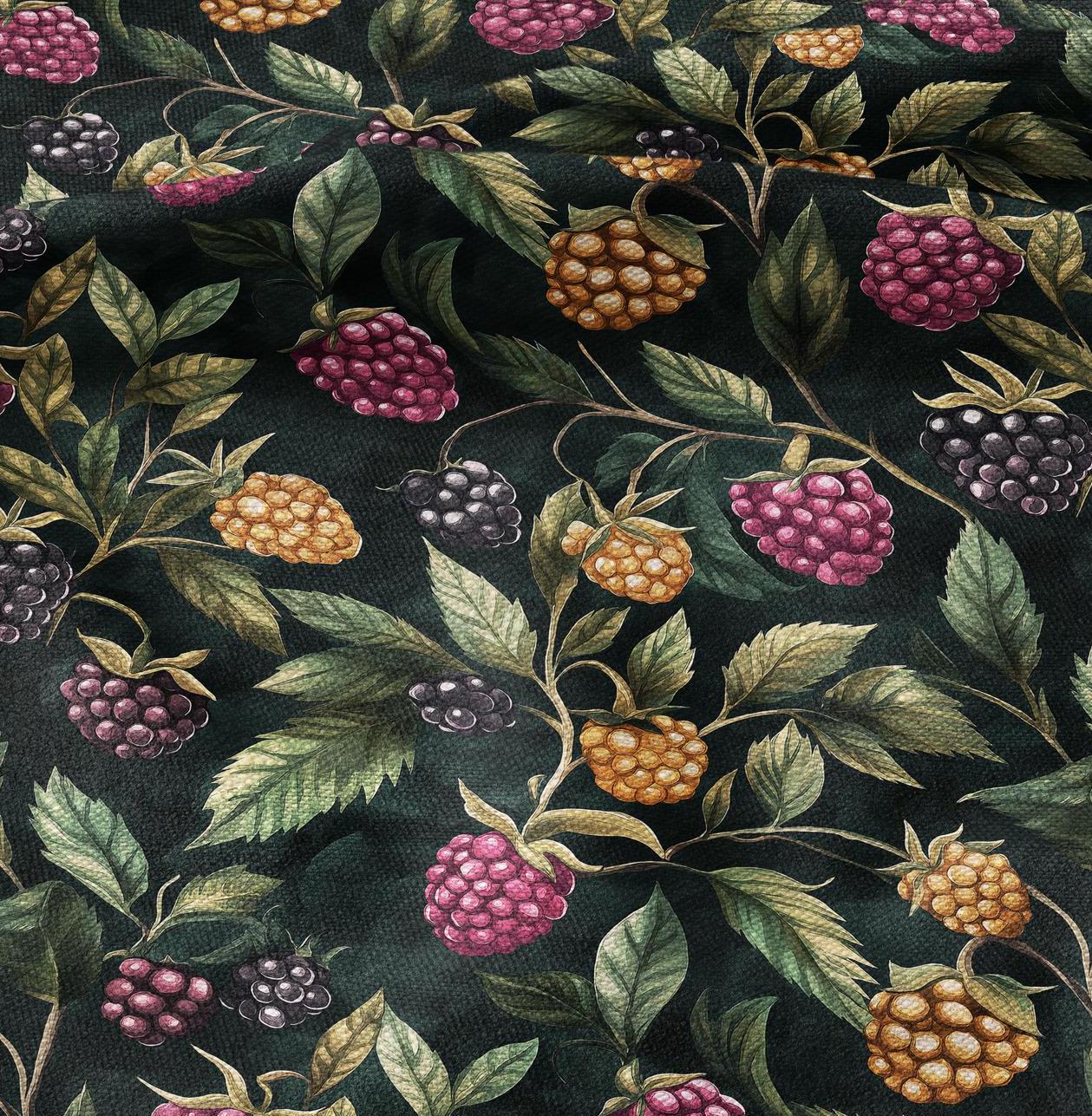 100% LINEN Fabric raspberry blackberry print - black green red 2099