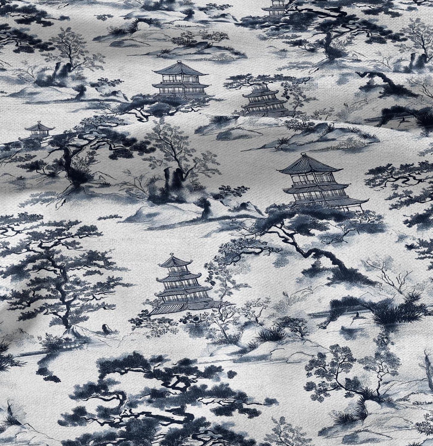 100% LINEN Fabric block print Kyoto Japan landscape - white blue 2327