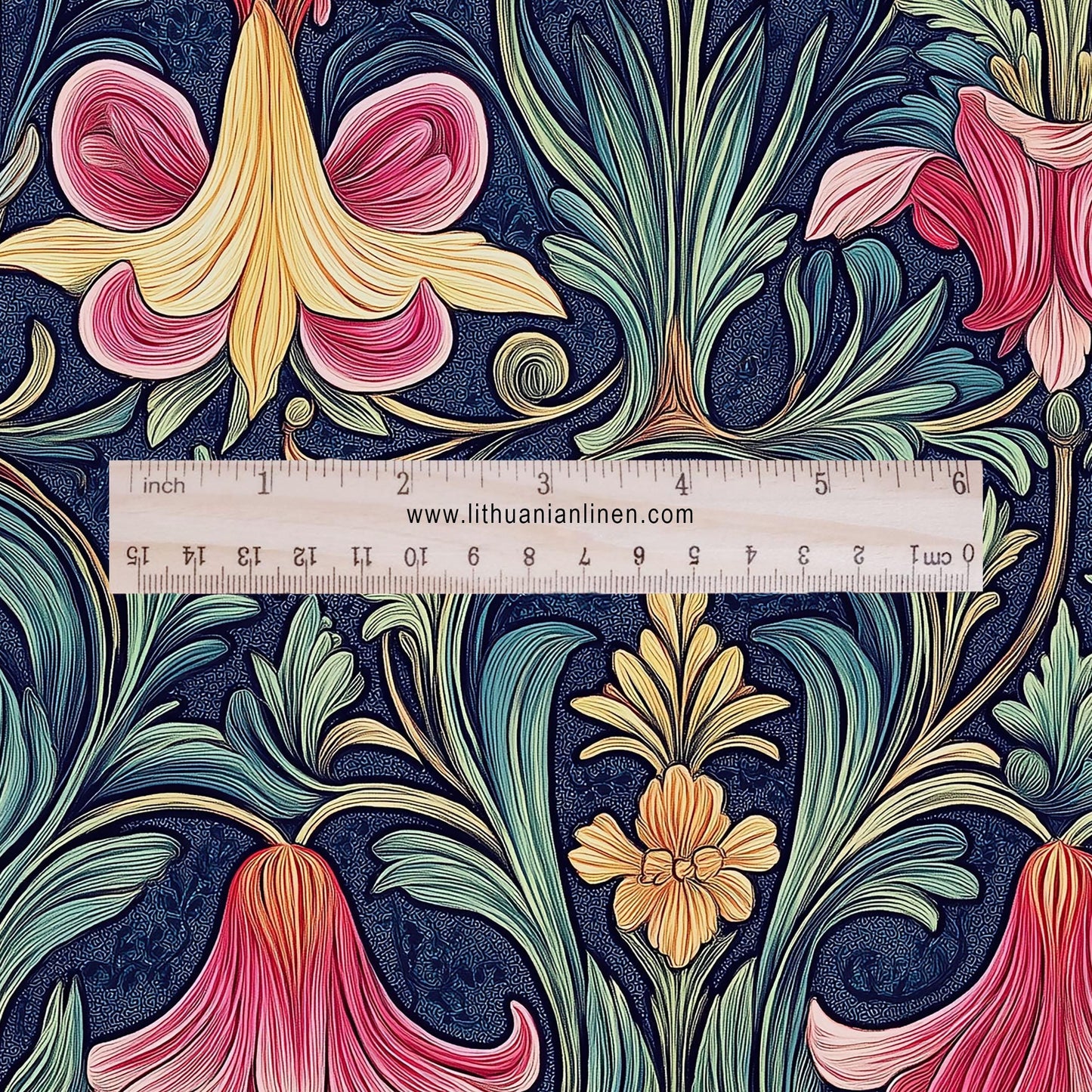 100% LINEN Fabric Art deco floral - botanical navy red 2180