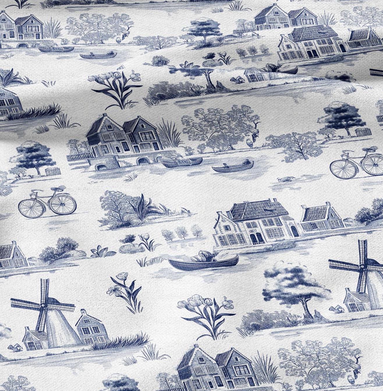 100% LINEN Fabric Delft Holand scenery print - blue white 2160