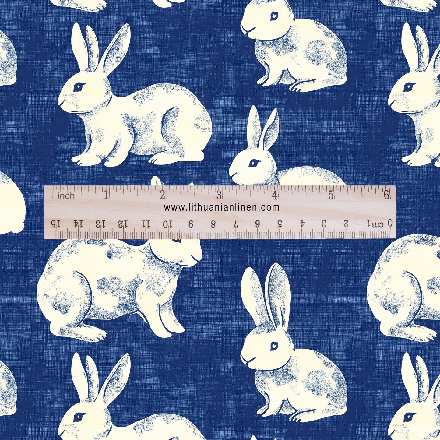 100% LINEN Fabric Rabbit indigo blue print - bunny 2175