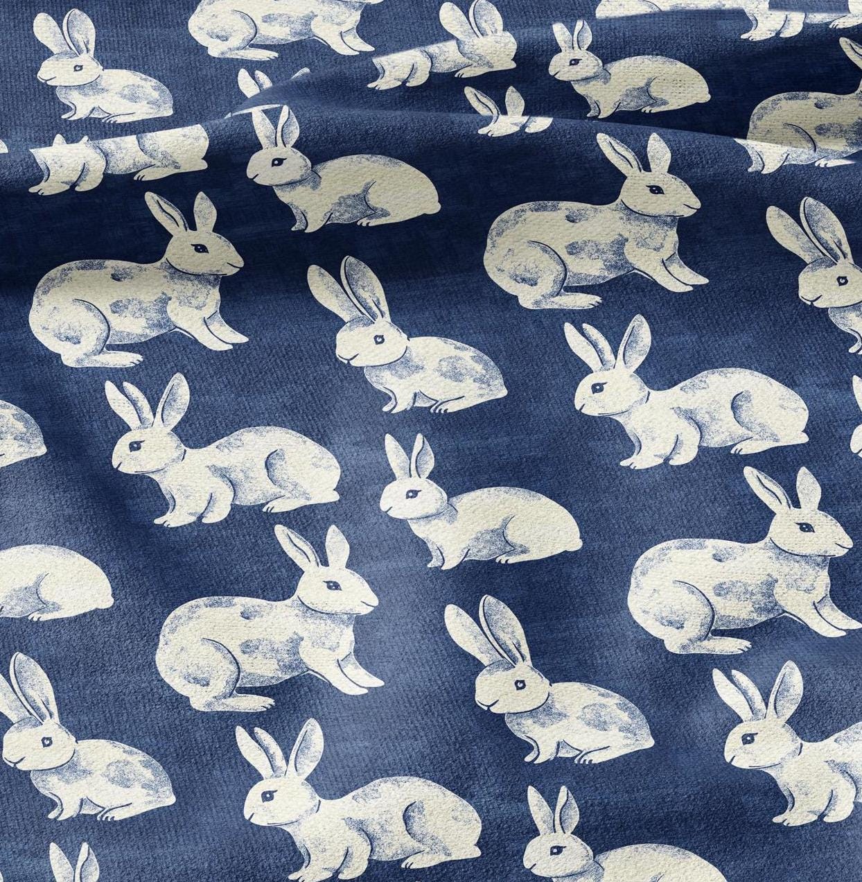 100% LINEN Fabric Rabbit indigo blue print - bunny 2175