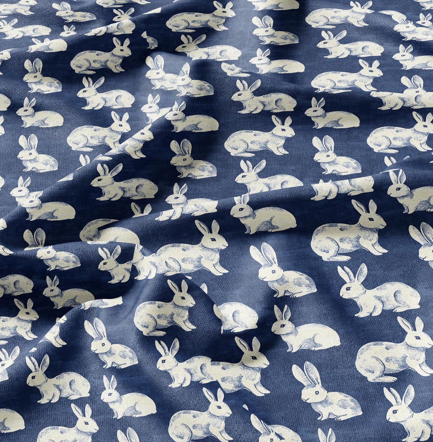 100% LINEN Fabric Rabbit indigo blue print - bunny 2175