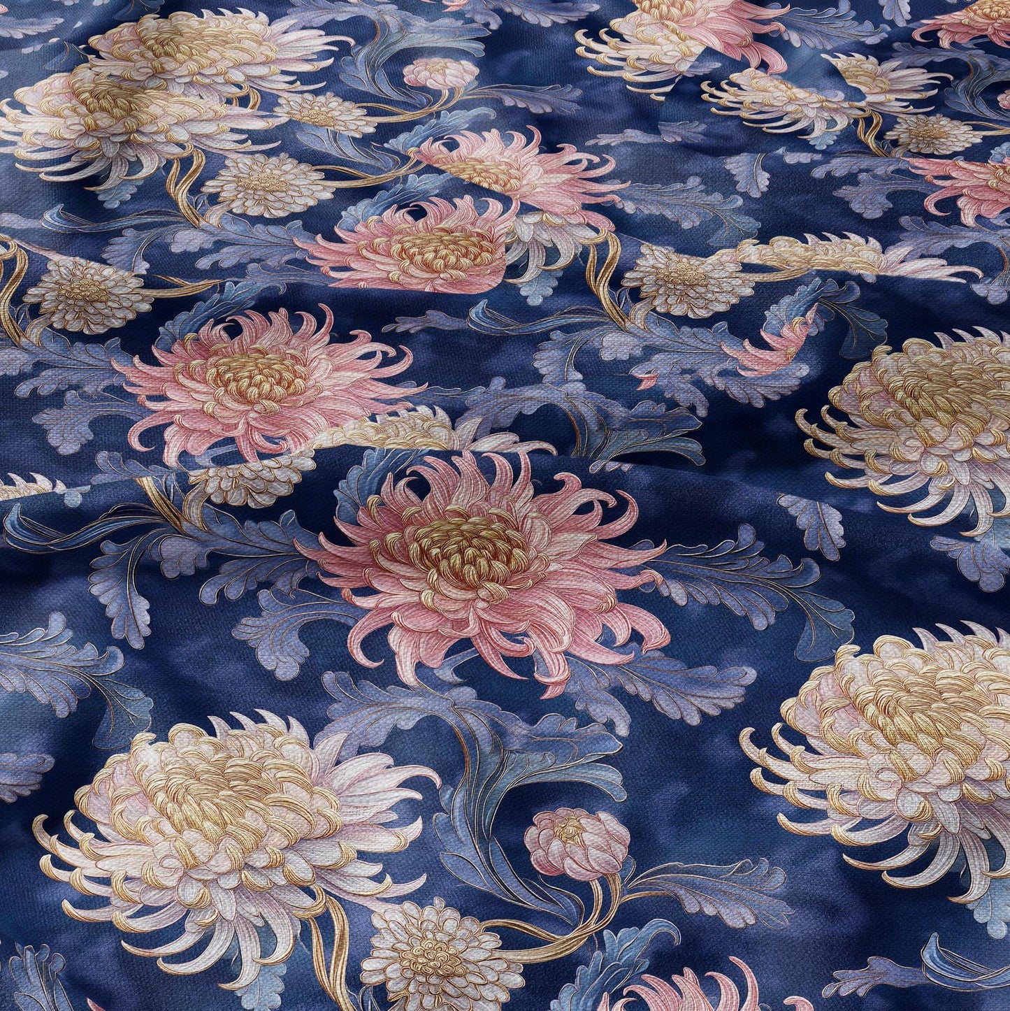 100% LINEN fabric chrysanthemum print - floral navy pink 2331