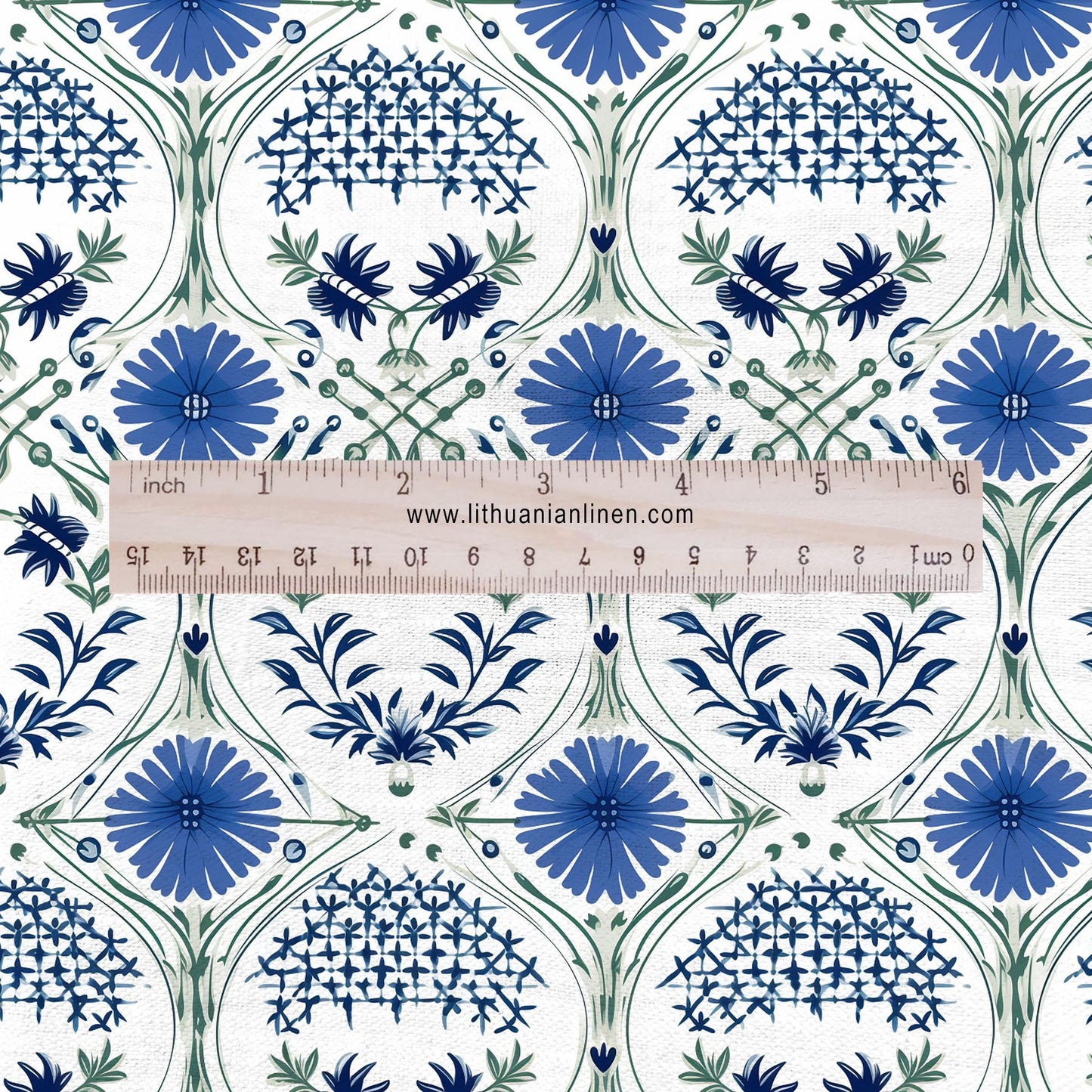 100% LINEN Fabric block print - blue green white floral print - 2326