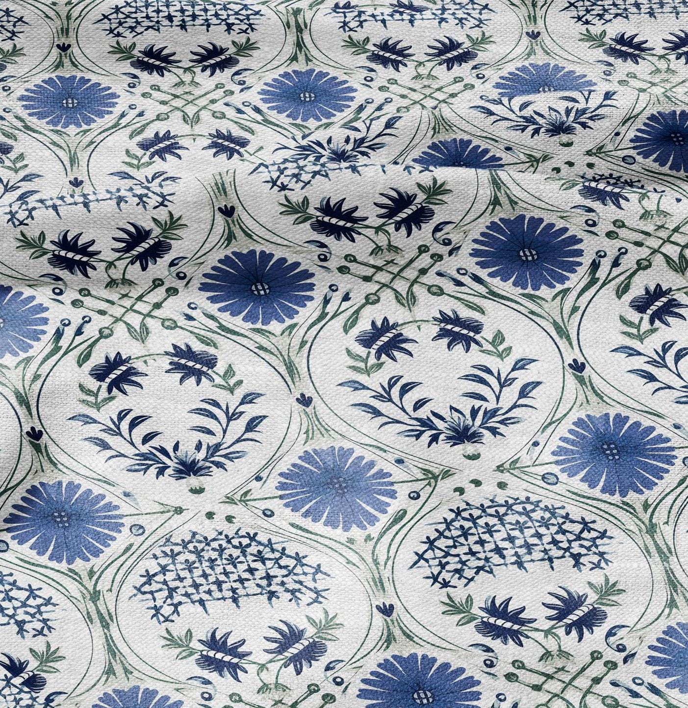 100% LINEN Fabric block print - blue green white floral print - 2326