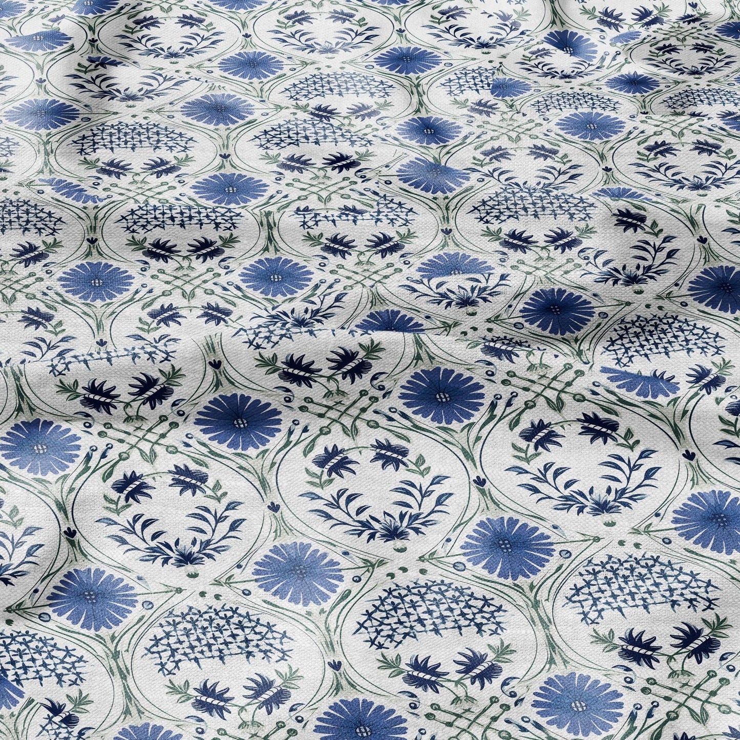 100% LINEN Fabric block print - blue green white floral print - 2326