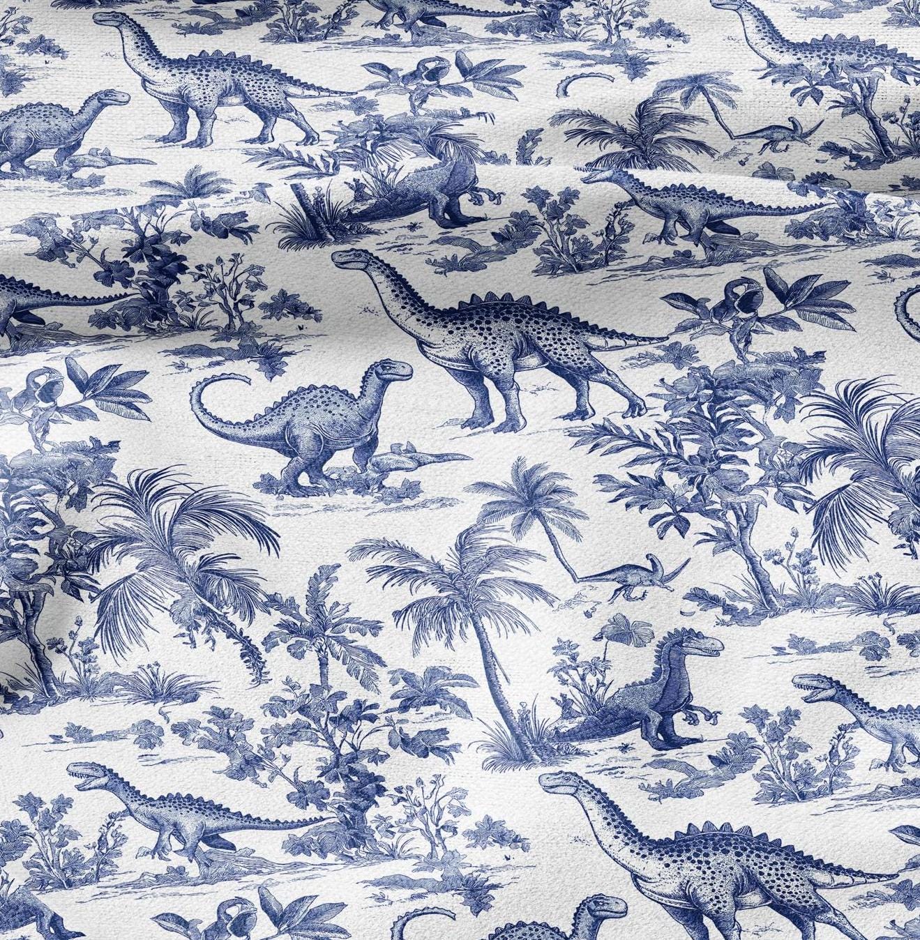 100% LINEN Fabric Toile de Jouy with dinosaures - white blue nursery fabric 2176
