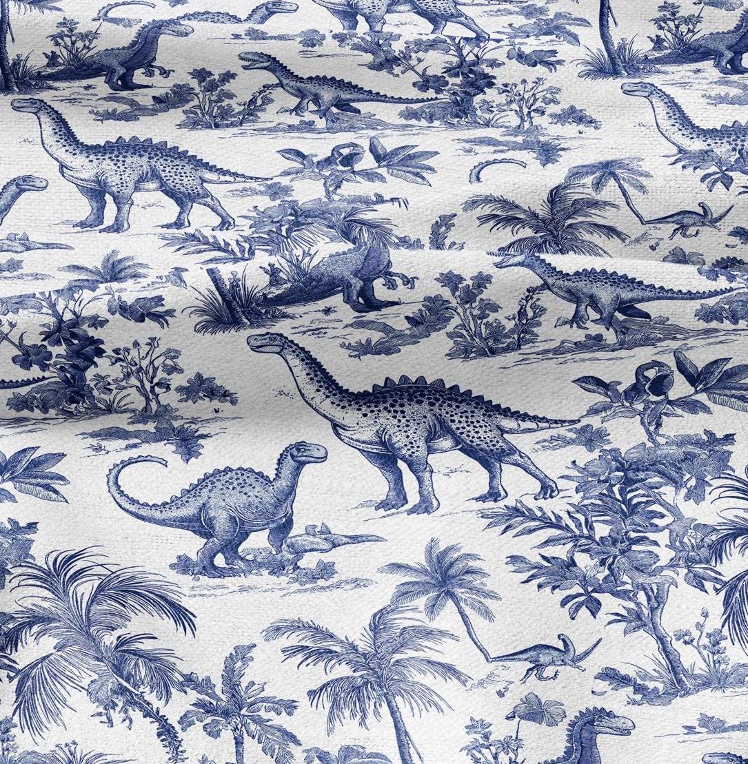 100% LINEN Fabric Toile de Jouy with dinosaures - white blue nursery fabric 2176
