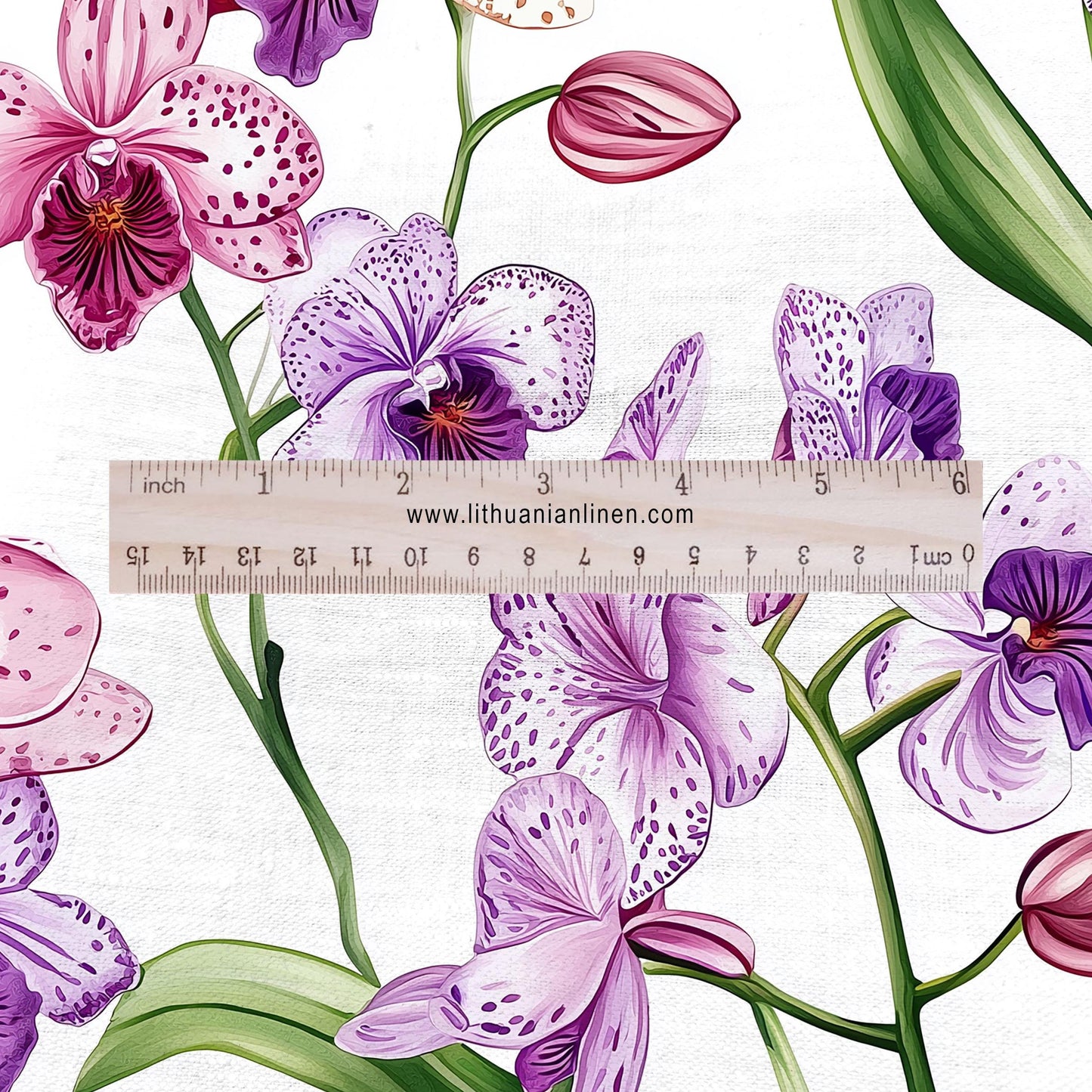 100% LINEN Fabric Floral pink purple orchid print - 2128