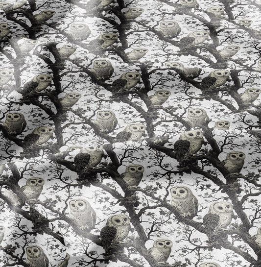 100% LINEN Fabric Animal print with owl - 2411