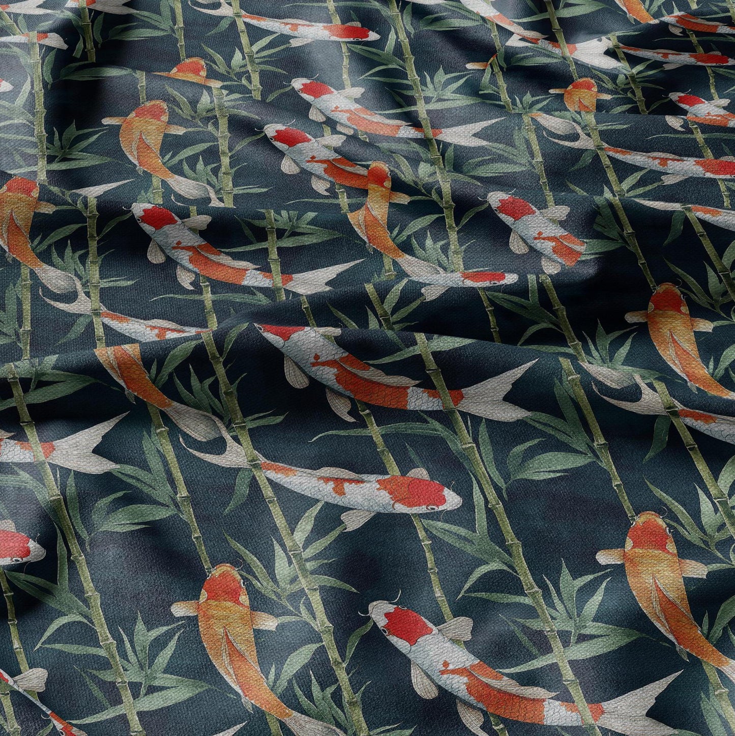 100% LINEN Fabric KOI fish print - navy red 2343