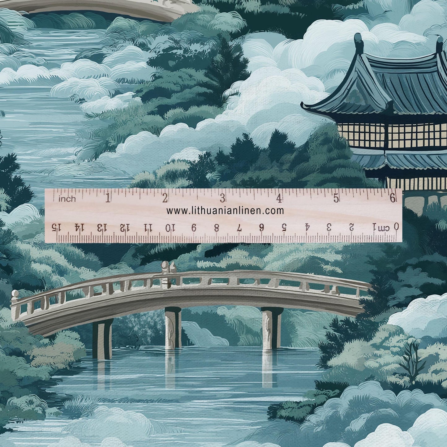 100% LINEN Fabric Chinoiserie landscape print - blue green print 2353