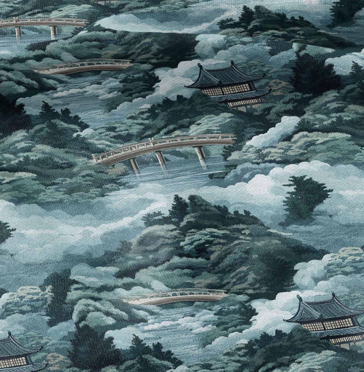 100% LINEN Fabric Chinoiserie landscape print - blue green print 2353
