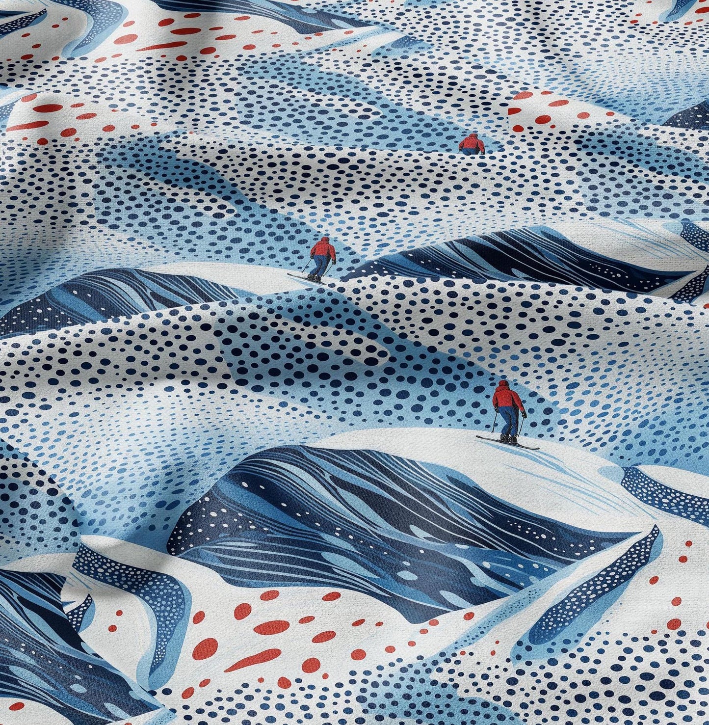 100% LINEN Fabric Snowy mountain scenery - skiiing print 2380