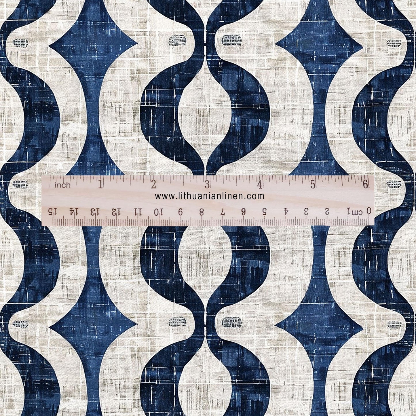 100% LINEN Fabric stripe squirl print - navy blue white 2424