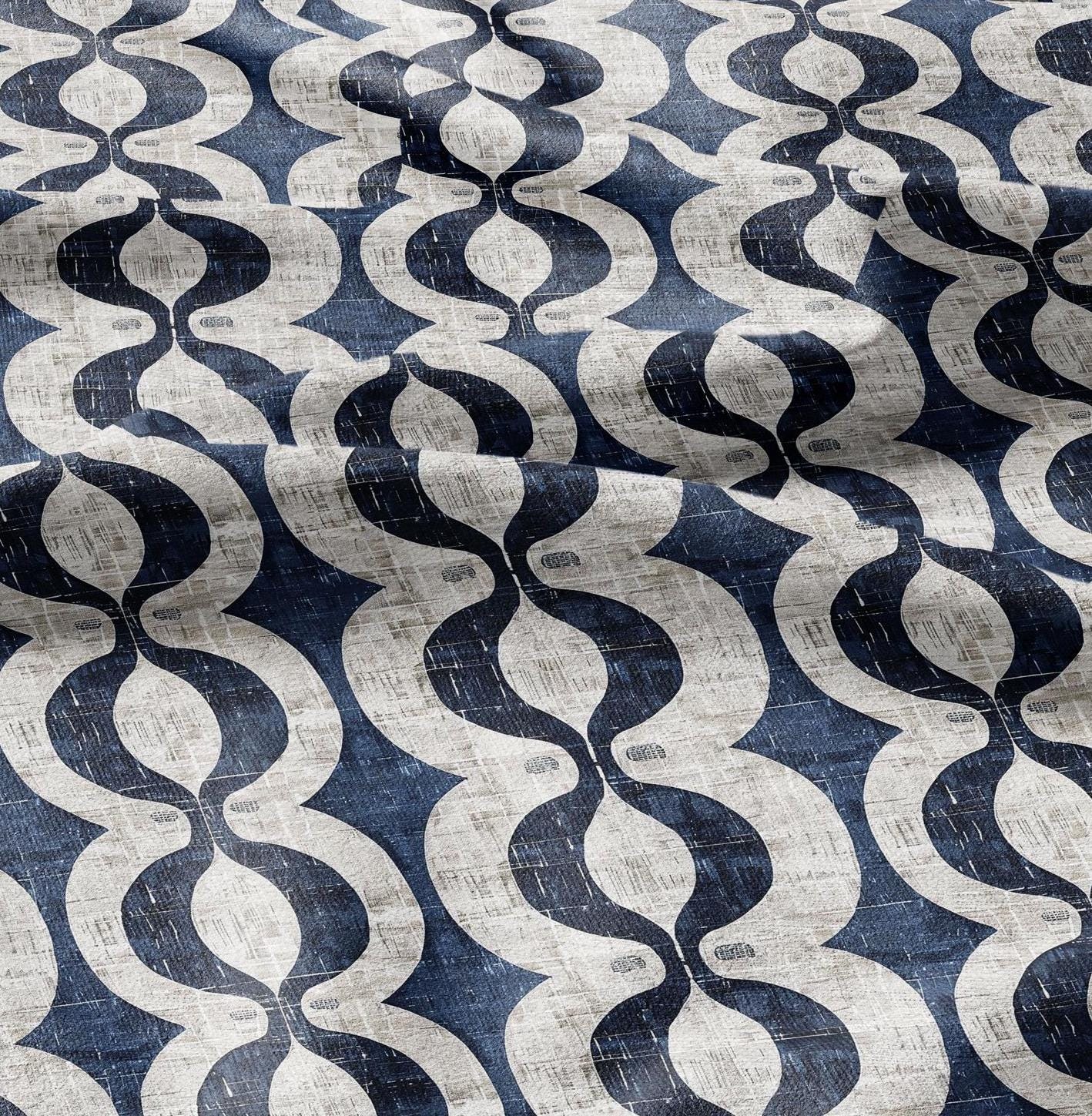 100% LINEN Fabric stripe squirl print - navy blue white 2424