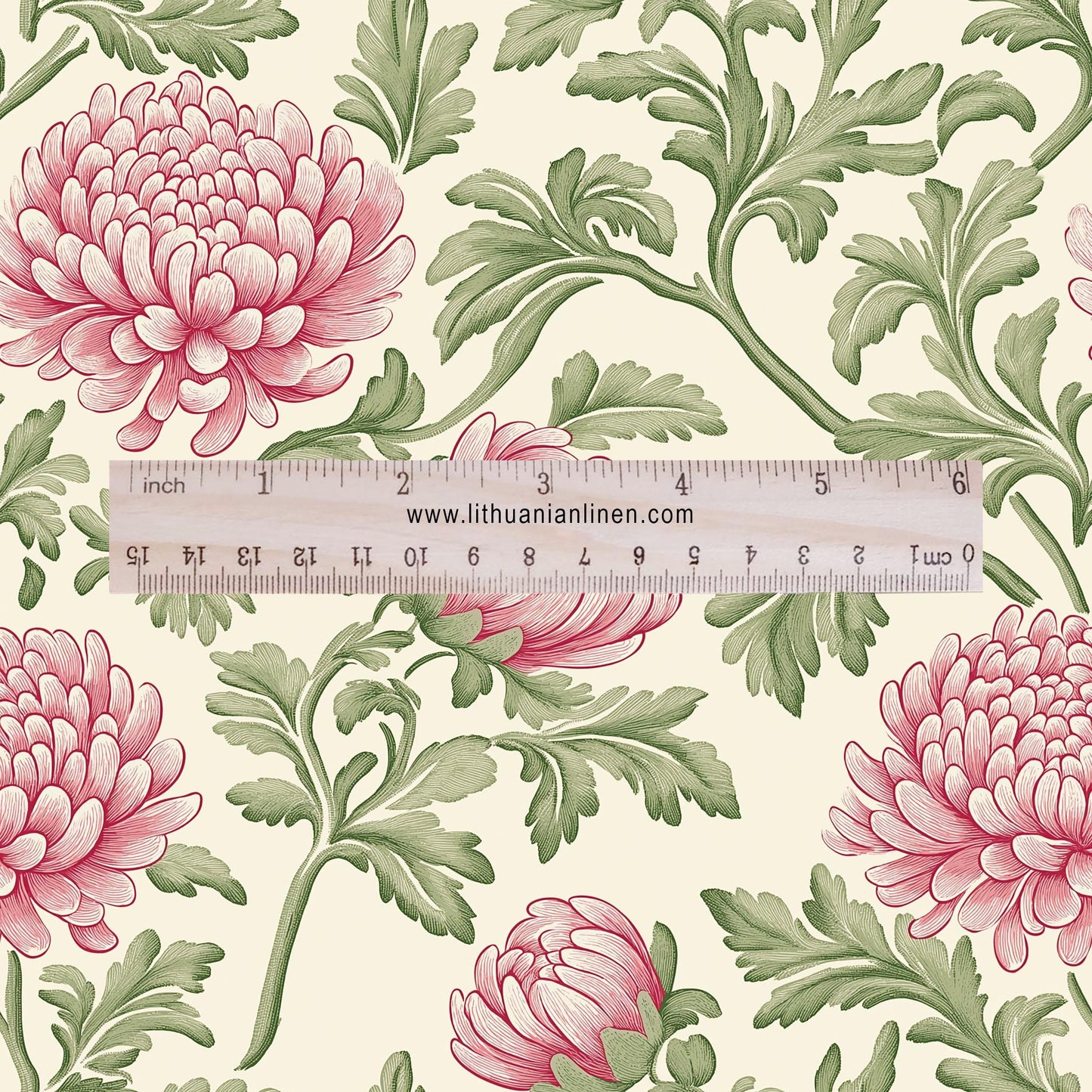 100% linen fabric Chrysanthemum print - floral beige pink green 2415