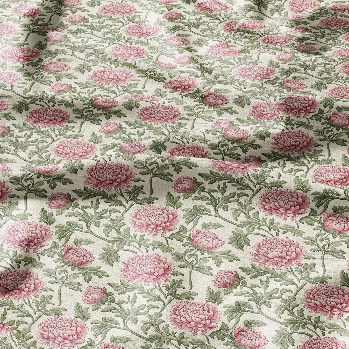 100% linen fabric Chrysanthemum print - floral beige pink green 2415