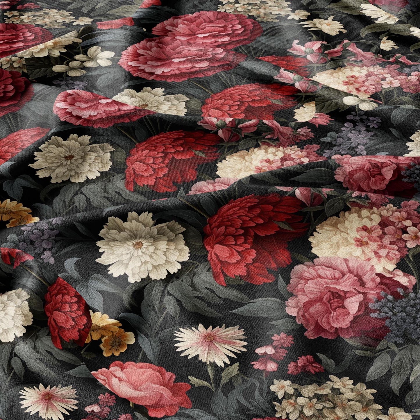 100% linen fabric baroque flower print - floral red black 2421