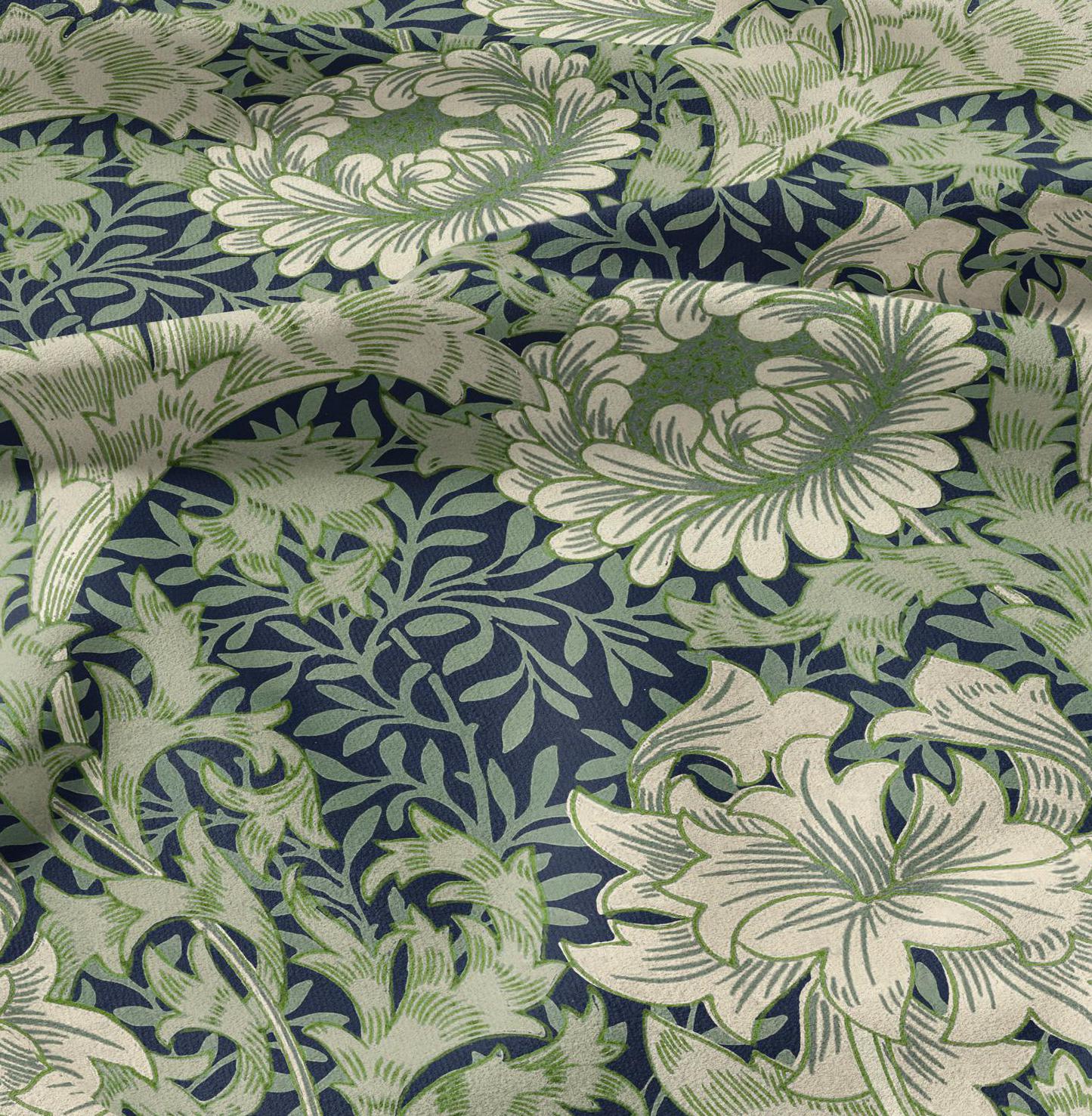 William Morris Chrysanthemum green print on 100% LINEN fabric - 2102
