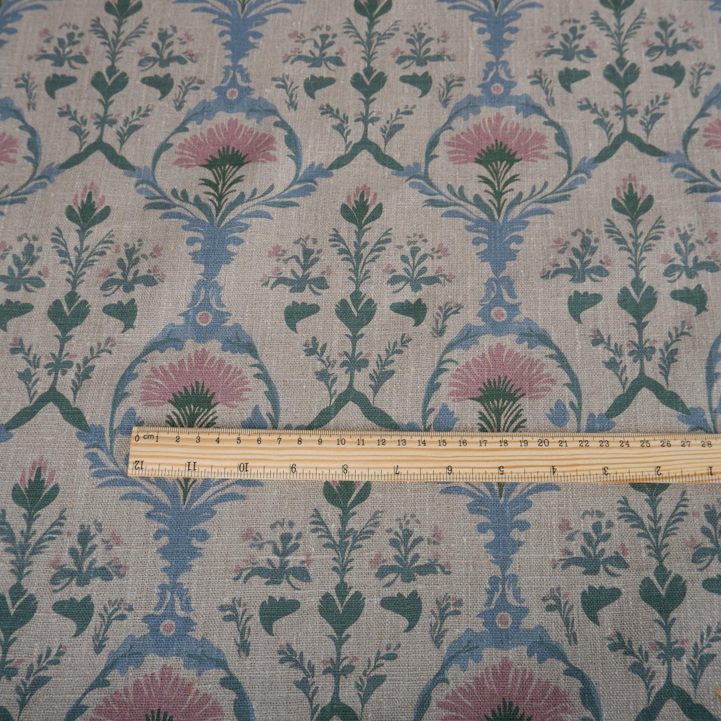 100% LINEN Fabric pink blue block print - Arabesque trellis 2254